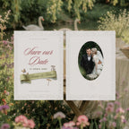 Timeless Garden save the date card with lace border, sage ribbon and oval couple photo, vintage romantic Canva save the date template in garden setting