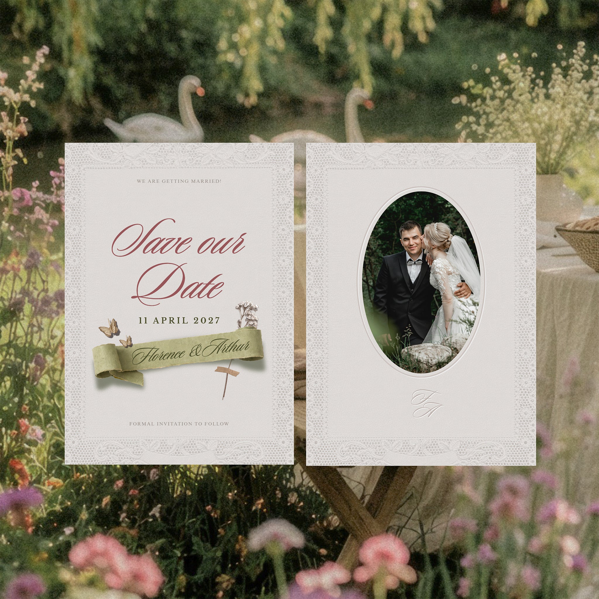 Timeless Garden save the date card with lace border, sage ribbon and oval couple photo, vintage romantic Canva save the date template in garden setting