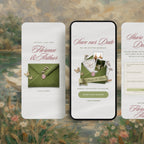Timeless Garden save the date template on mobile, sage green envelope reveal with polaroid photos and address collection form, vintage Canva save the date template