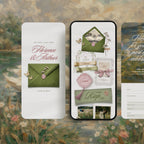 Timeless Garden wedding website template on mobile and desktop, sage green vintage Canva wedding website with envelope reveal and RSVP form