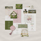 Timeless Garden wedding website template flatlay, sage green and dusty rose Canva wedding website, vintage lace and swan details, romantic wedding website template
