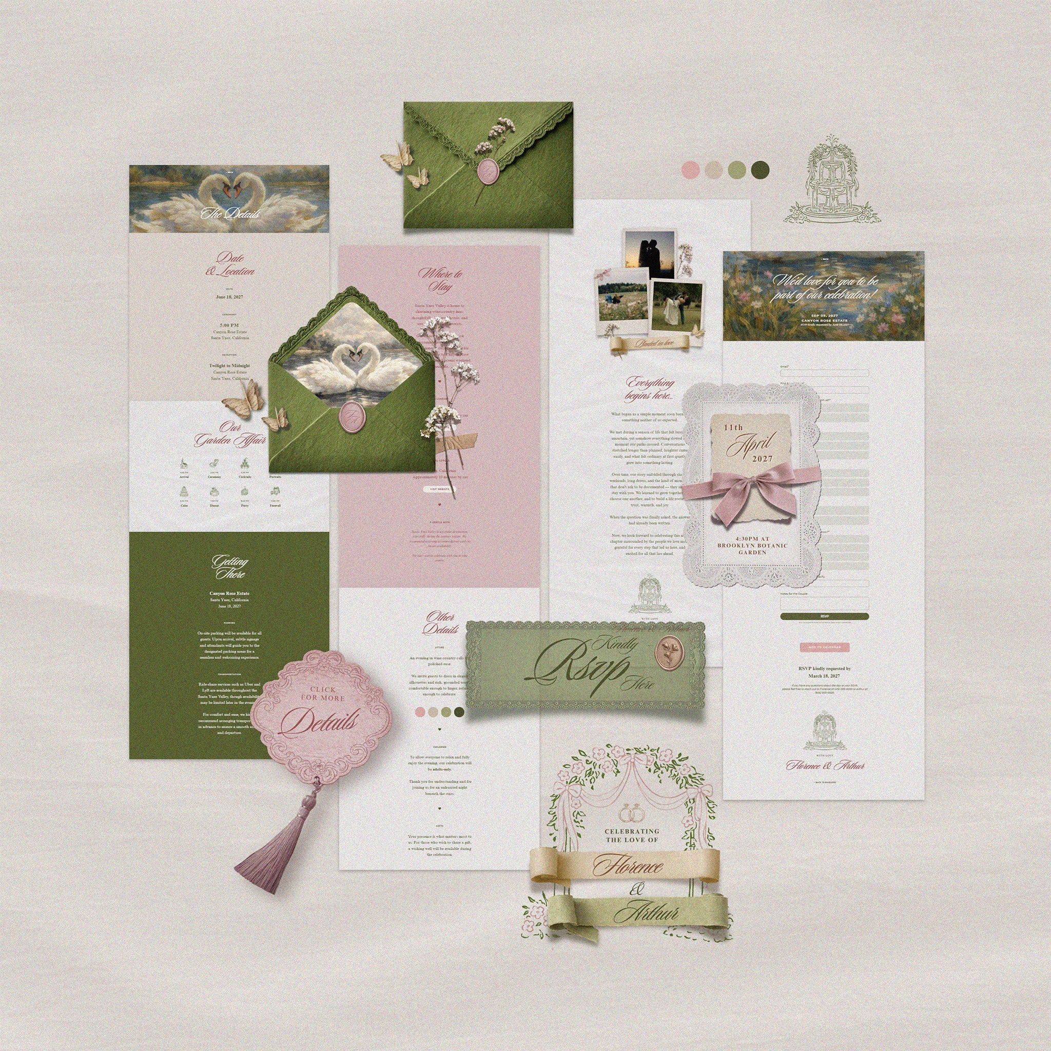 Timeless Garden wedding website template flatlay, sage green and dusty rose Canva wedding website, vintage lace and swan details, romantic wedding website template