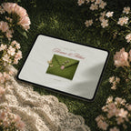Timeless Garden save the date template on iPad, sage green envelope with wax seal and butterfly details, vintage romantic Canva save the date template