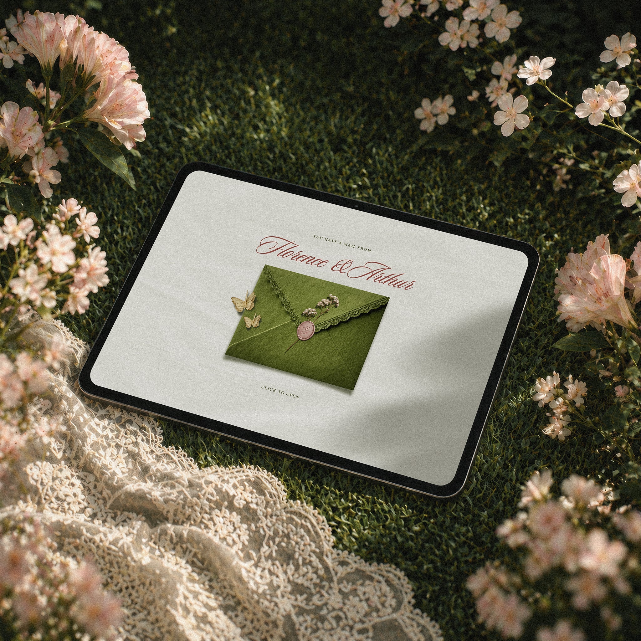 Timeless Garden save the date template on iPad, sage green envelope with wax seal and butterfly details, vintage romantic Canva save the date template