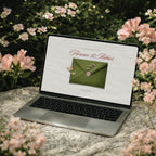 Timeless Garden Canva wedding website template, vintage sage green envelope with wax seal, romantic wedding website template