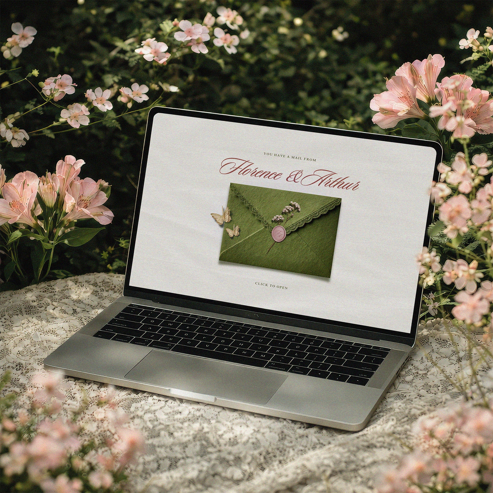 Timeless Garden Canva wedding website template, vintage sage green envelope with wax seal, romantic wedding website template