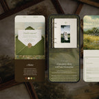 Twilight Meadow wedding website template on mobile and desktop, moody green Canva wedding website with RSVP section, love story journal and oil painting background