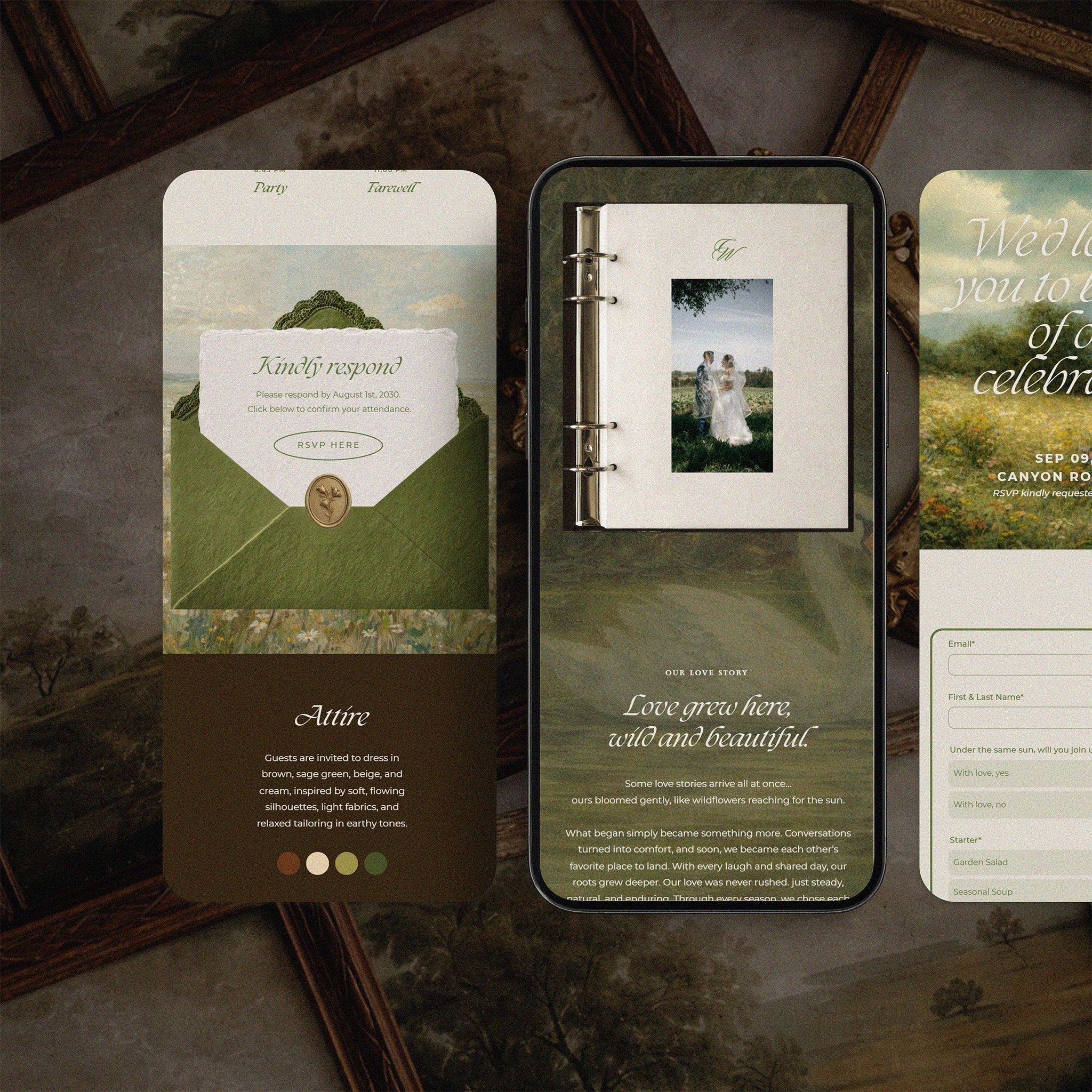 Twilight Meadow wedding website template on mobile and desktop, moody green Canva wedding website with RSVP section, love story journal and oil painting background
