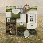 Twilight Meadow wedding website template flatlay, moody green and earthy tones Canva wedding website with ornate gold frames, love story journal and RSVP form, painterly wedding website template