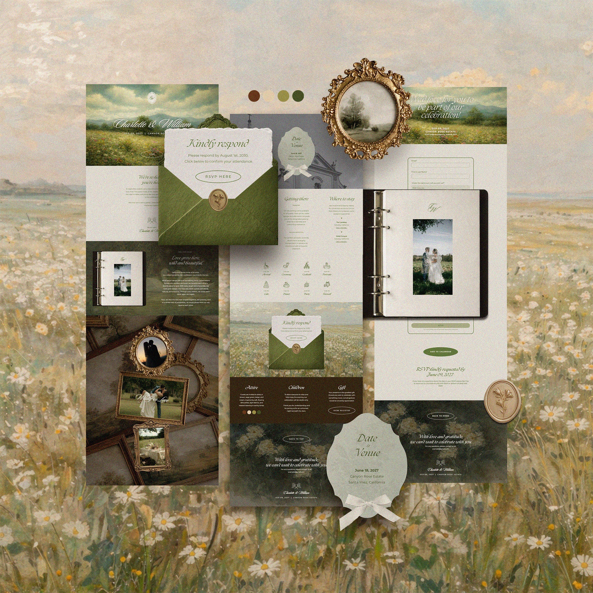 Twilight Meadow wedding website template flatlay, moody green and earthy tones Canva wedding website with ornate gold frames, love story journal and RSVP form, painterly wedding website template