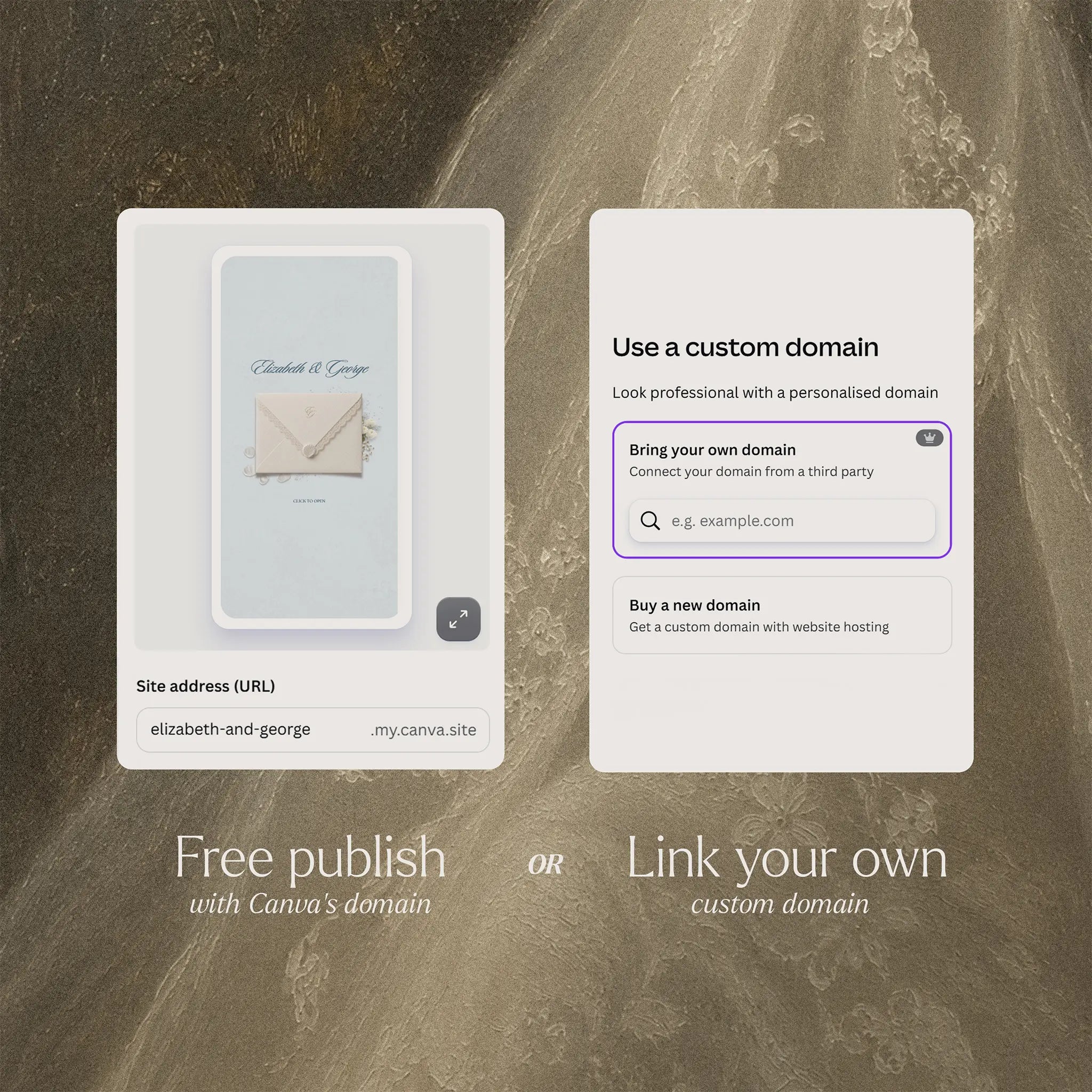 Canva wedding website template showing free publish option with .my.canva.site domain versus custom domain option to connect your own website address